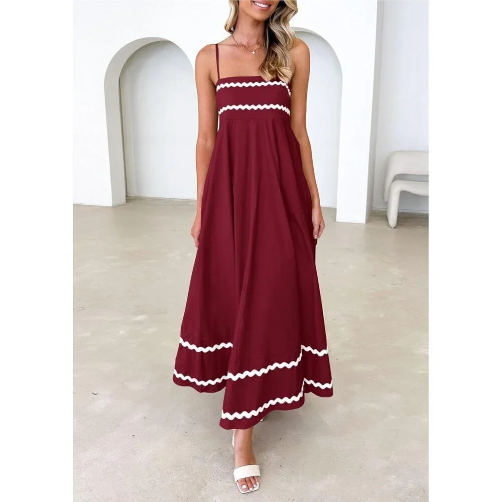 Women's Dark Red Casual Sleeveless Spaghetti Strap Ruffle Beach Maxi Dress